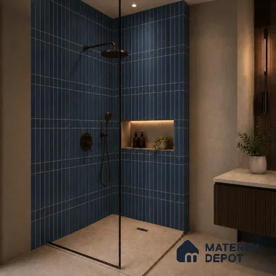 Modern Bathroom with Navy Blue Vertical Stacked Wall Tile and Black Fixtures