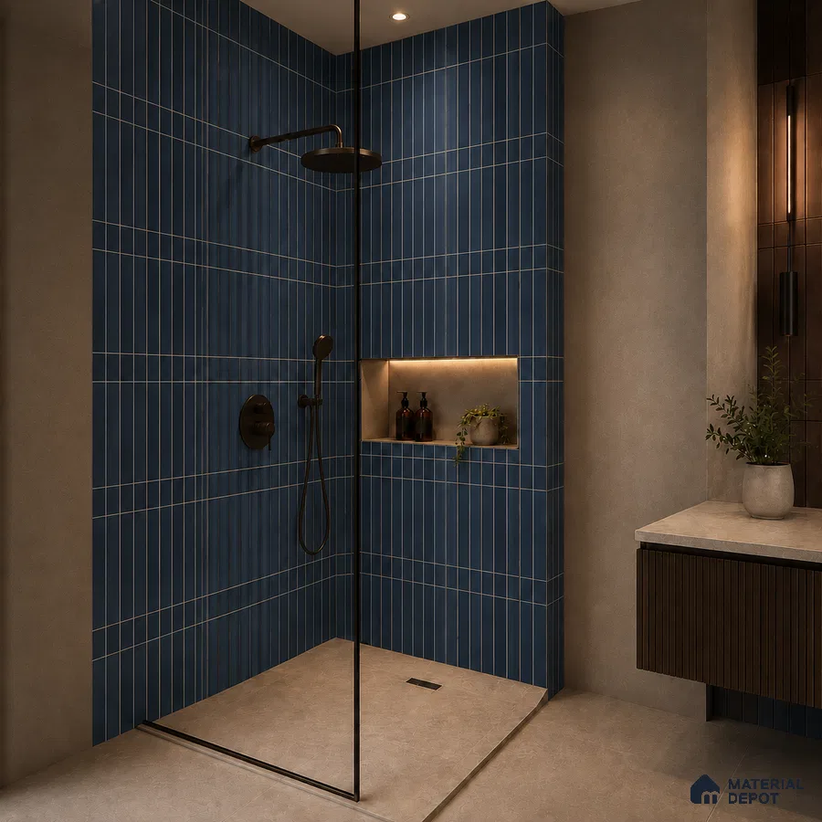 Modern Bathroom with Navy Blue Vertical Stacked Wall Tile and Black Fixtures