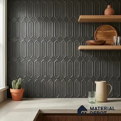 Art Deco Kitchen with Charcoal Picket 3D Backsplash Tile and Walnut Shelves