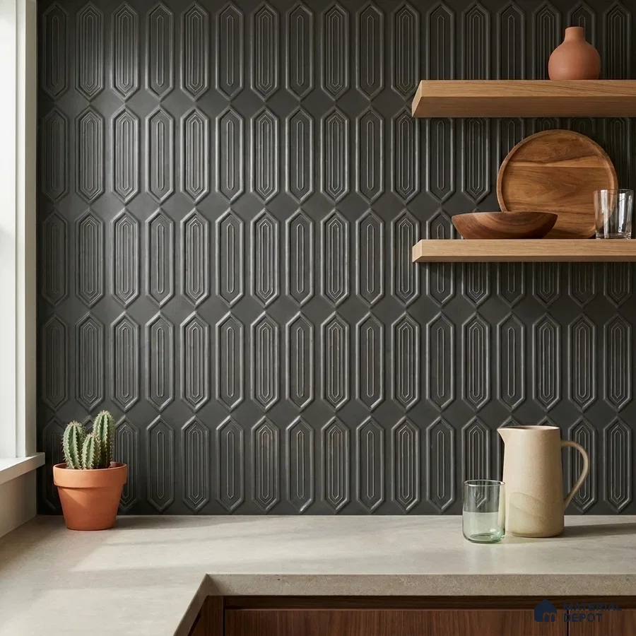 Art Deco Kitchen with Charcoal Picket 3D Backsplash Tile and Walnut Shelves