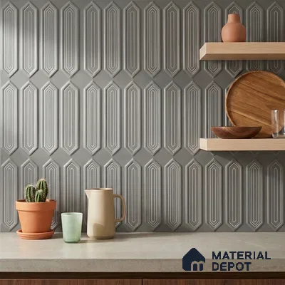 Art Deco Kitchen with Grey Picket 3D Backsplash Tile and Oak Shelves