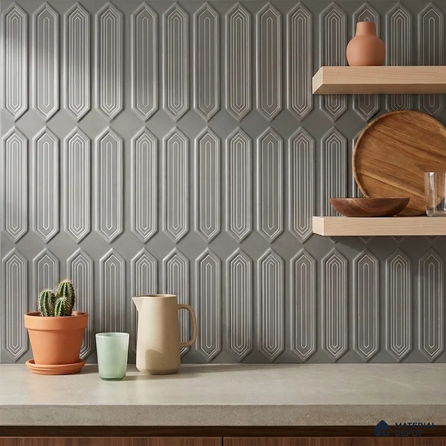 Art Deco Kitchen with Grey Picket 3D Backsplash Tile and Oak Shelves