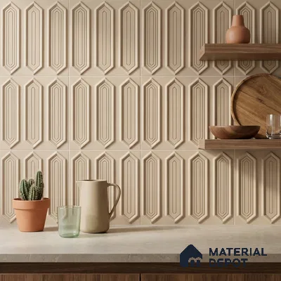 Modern Kitchen with Cream Picket Ceramic Backsplash Tile and Walnut Shelves