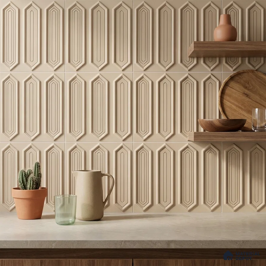 Modern Kitchen with Cream Picket Ceramic Backsplash Tile and Walnut Shelves