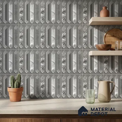 Modern Kitchen with Grey Palm-Leaf Picket Ceramic Backsplash Tile