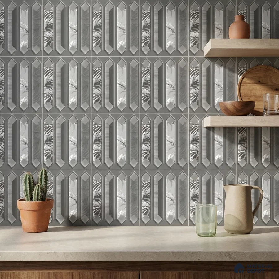 Modern Kitchen with Grey Palm-Leaf Picket Ceramic Backsplash Tile