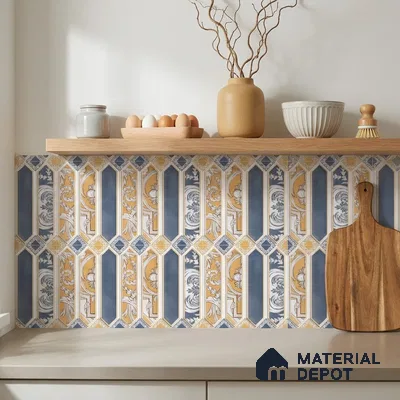 Eclectic Kitchen with Blue and Ochre Baroque Picket Ceramic Backsplash Tile