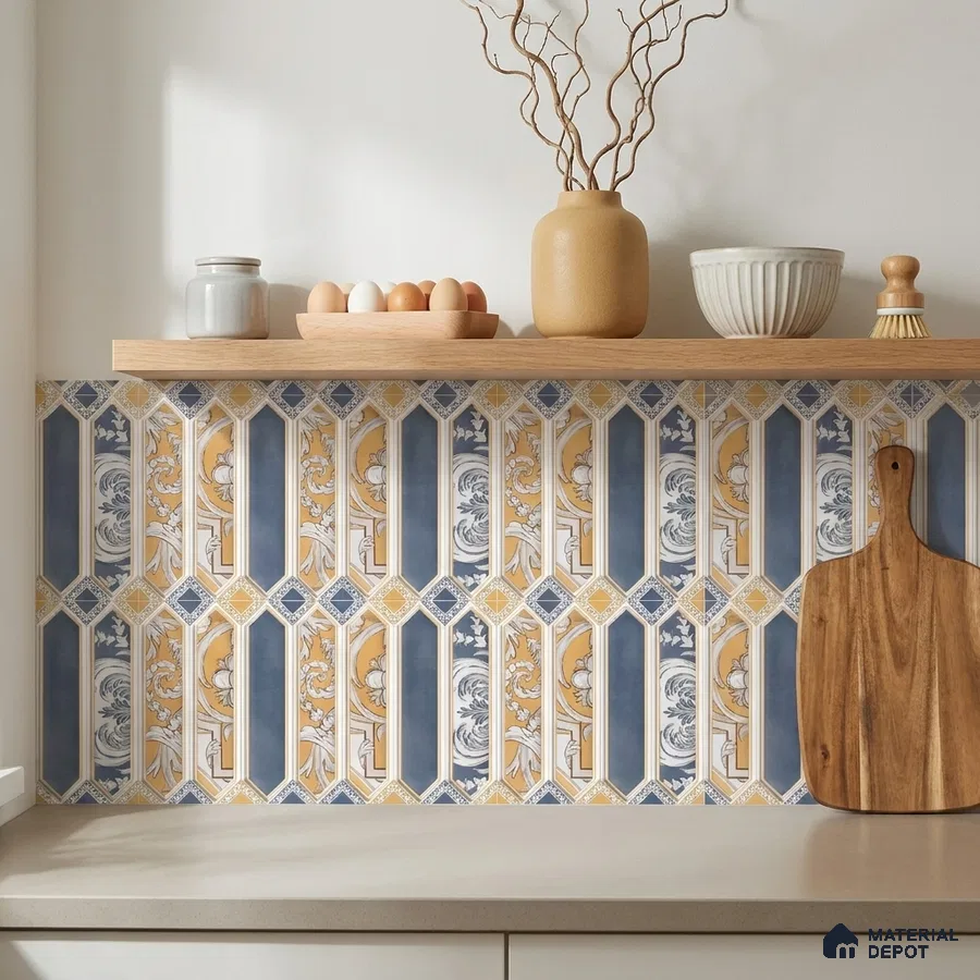 Eclectic Kitchen with Blue and Ochre Baroque Picket Ceramic Backsplash Tile
