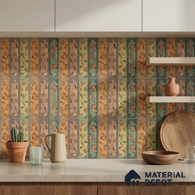 Bohemian Kitchen with Multicolor Floral Picket Ceramic Backsplash Tile