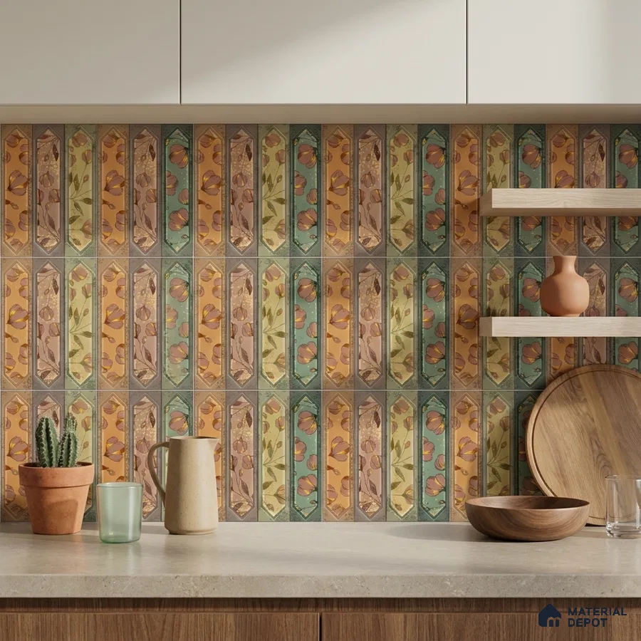 Bohemian Kitchen with Multicolor Floral Picket Ceramic Backsplash Tile