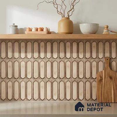 Japandi Kitchen with Beige Wheat-Motif Picket Ceramic Backsplash Tile