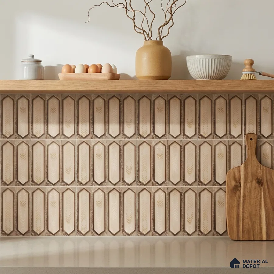 Japandi Kitchen with Beige Wheat-Motif Picket Ceramic Backsplash Tile