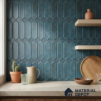 Modern Kitchen with Teal Blue Picket Ceramic Backsplash Tile