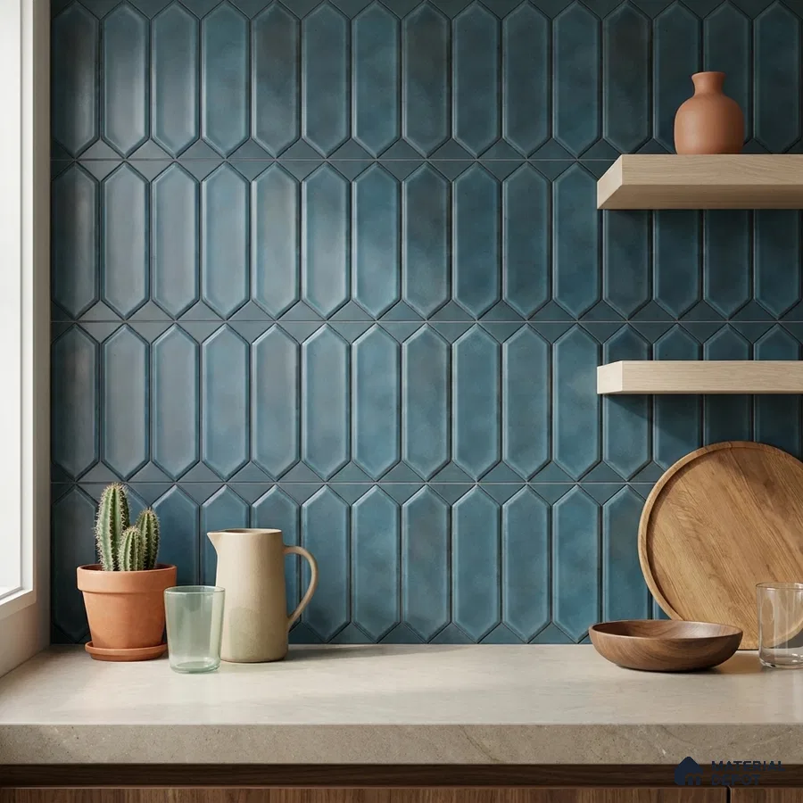 Modern Kitchen with Teal Blue Picket Ceramic Backsplash Tile
