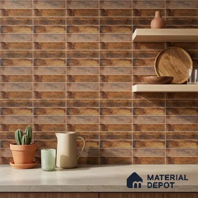 Industrial Kitchen with Rustic Copper-Brown Brick Ceramic Backsplash Tile