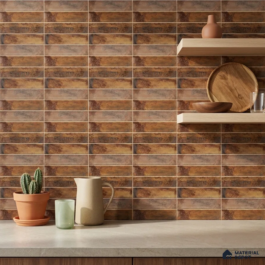 Industrial Kitchen with Rustic Copper-Brown Brick Ceramic Backsplash Tile