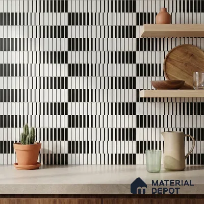 Modern Kitchen with Black and White Linear Stripe Ceramic Backsplash Tile