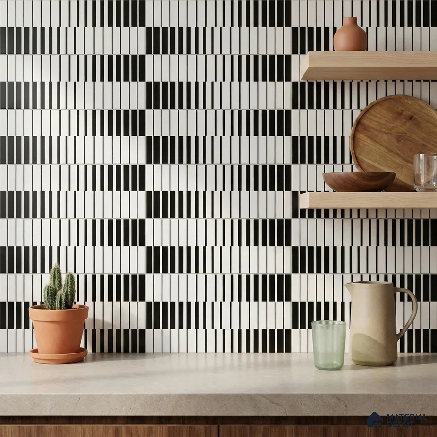 Modern Kitchen with Black and White Linear Stripe Ceramic Backsplash Tile