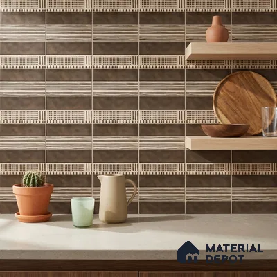 Bohemian Kitchen with Brown Tribal-Pattern Ceramic Backsplash Tile