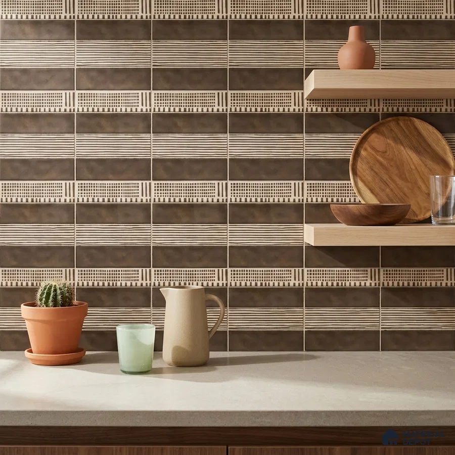 Bohemian Kitchen with Brown Tribal-Pattern Ceramic Backsplash Tile