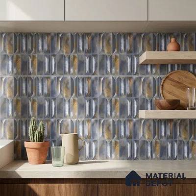 Art Deco Kitchen with Iridescent Blue and Gold Fluted Picket Ceramic Backsplash Tile