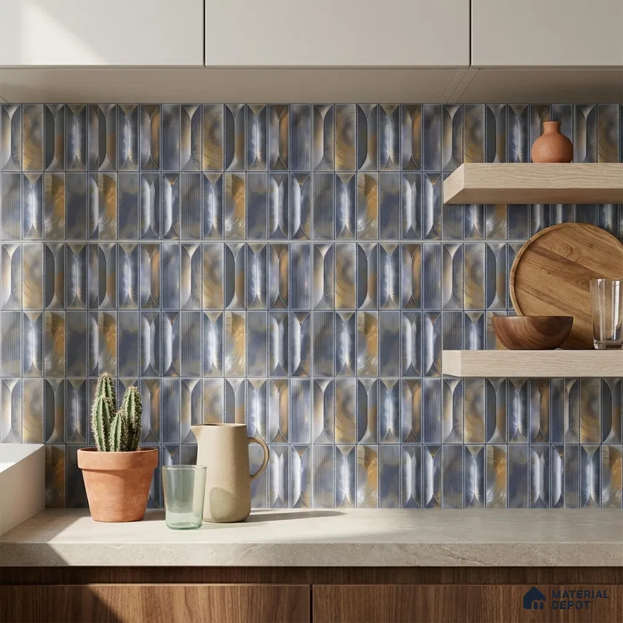 Art Deco Kitchen with Iridescent Blue and Gold Fluted Picket Ceramic Backsplash Tile
