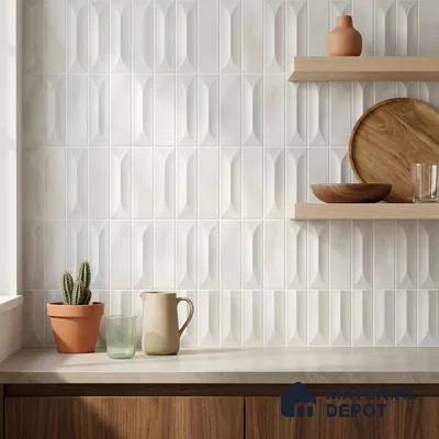 Scandinavian Kitchen with Frosty White Picket Ceramic Backsplash Tile and Walnut Cabinets