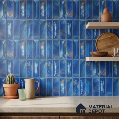 Modern Kitchen with Iridescent Cobalt Blue Picket Ceramic Backsplash Tile