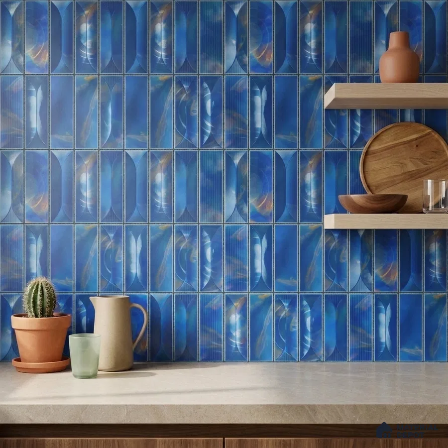 Modern Kitchen with Iridescent Cobalt Blue Picket Ceramic Backsplash Tile