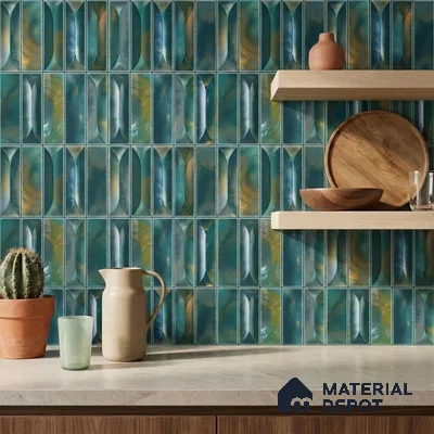 Modern Kitchen with Iridescent Teal Green Picket Ceramic Backsplash Tile