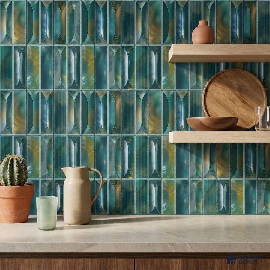 Modern Kitchen with Iridescent Teal Green Picket Ceramic Backsplash Tile