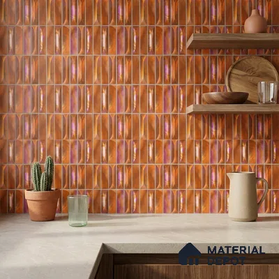 Modern Kitchen with Iridescent Copper Orange Picket Ceramic Backsplash Tile