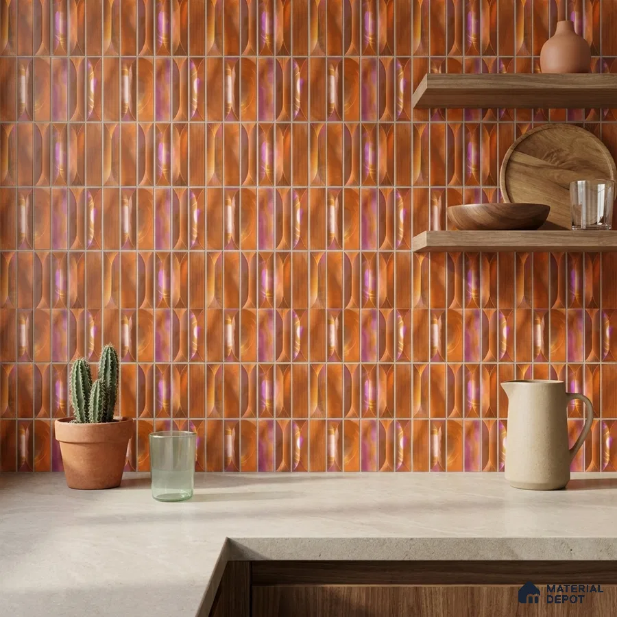 Modern Kitchen with Iridescent Copper Orange Picket Ceramic Backsplash Tile