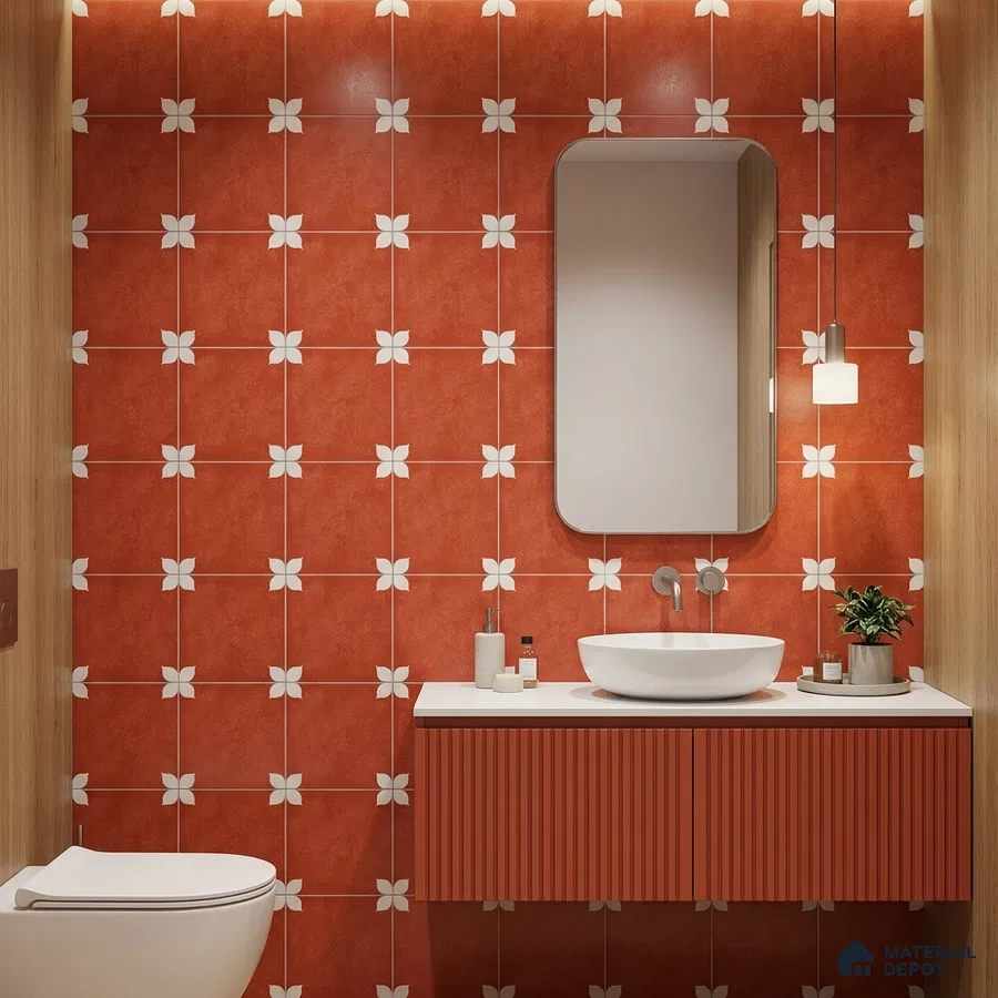 Modern bathroom with terracotta floral patterned wall tiles and fluted terracotta vanity