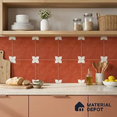 Modern kitchen with terracotta floral patterned backsplash tile and peach laminate cabinets