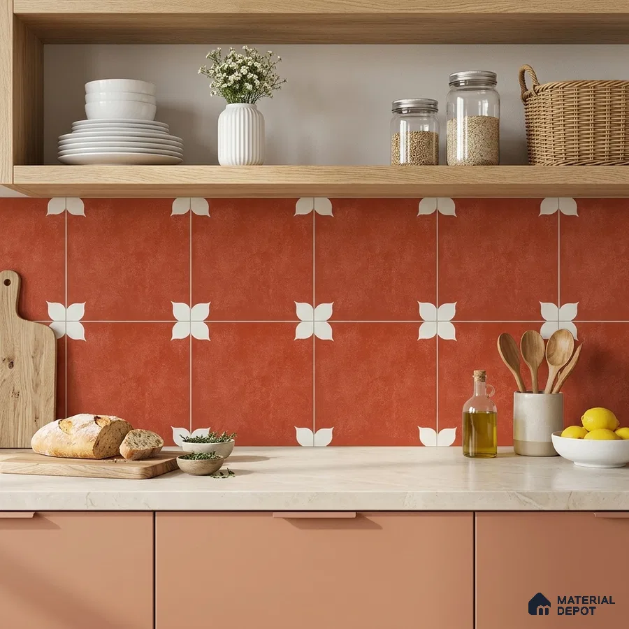 Modern kitchen with terracotta floral patterned backsplash tile and peach laminate cabinets