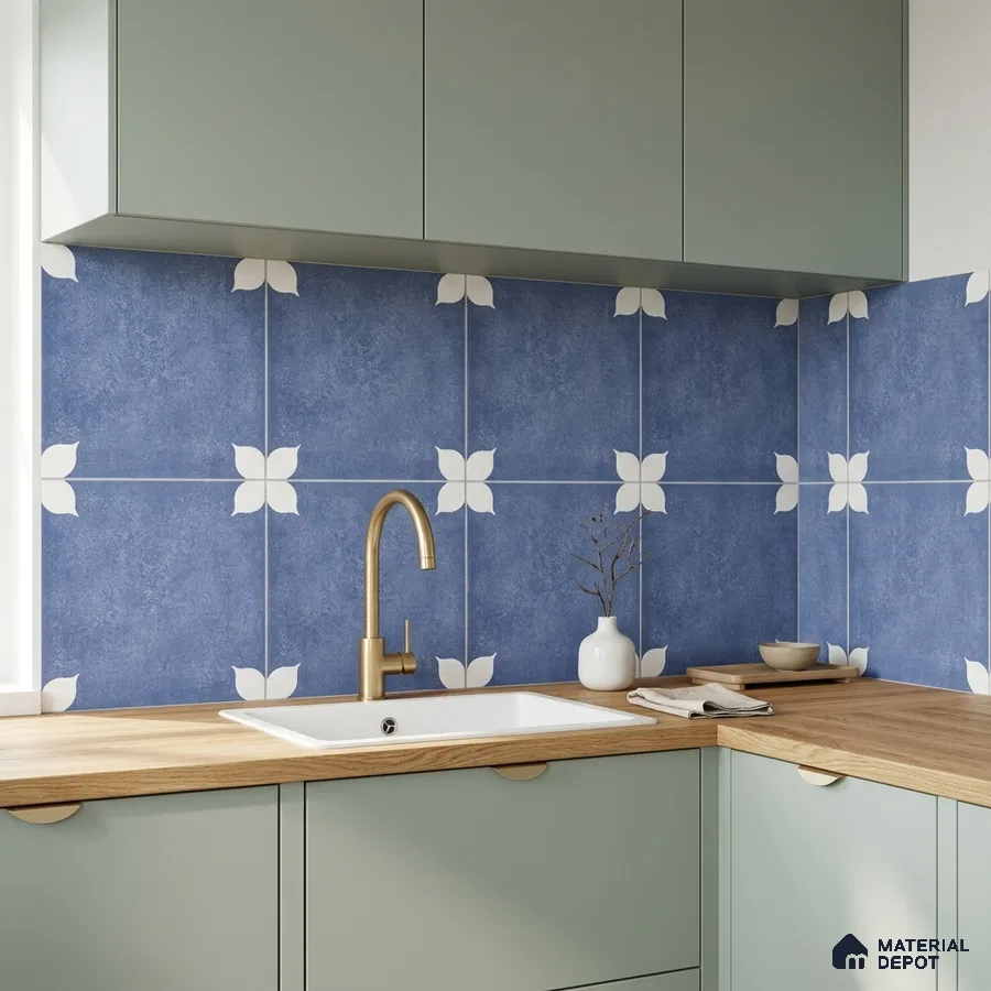 Modern kitchen with sage green laminate cabinets, blue floral patterned backsplash tile, and wood countertop
