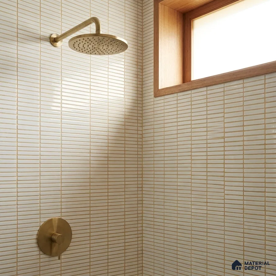 Japandi Bathroom with Glossy Cream Stacked Kitkat Shower Tile and Brass Fixtures