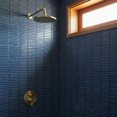 Japandi Bathroom with Glossy Navy Blue Stacked Kitkat Shower Tile and Brass Fixtures