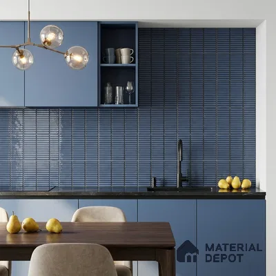 Modern Kitchen with Glossy Dusty Blue Stacked Kitkat Backsplash Tile