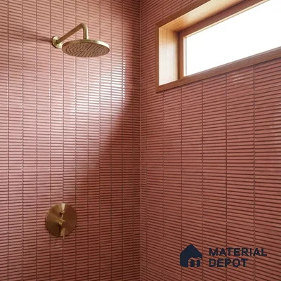 Modern Bathroom with Glossy Terracotta Rose Stacked Kitkat Shower Tile and Brass Fixtures