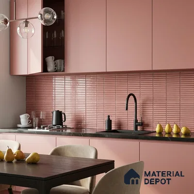 Modern Kitchen with Glossy Blush Pink Stacked Kitkat Backsplash Tile