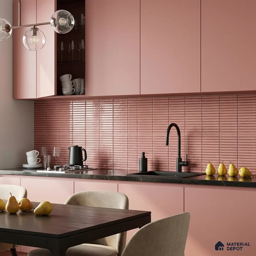 Modern Kitchen with Glossy Blush Pink Stacked Kitkat Backsplash Tile