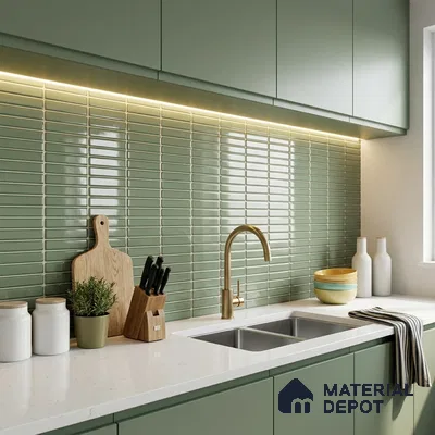 Modern Kitchen with Glossy Sage Green Stacked Kitkat Backsplash Tile