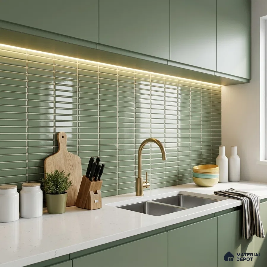 Modern Kitchen with Glossy Sage Green Stacked Kitkat Backsplash Tile