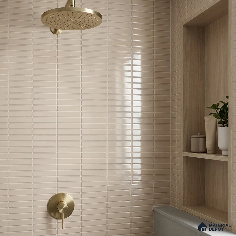 Japandi Bathroom with Glossy Warm Beige Stacked Kitkat Shower Tile and Brass Fixtures