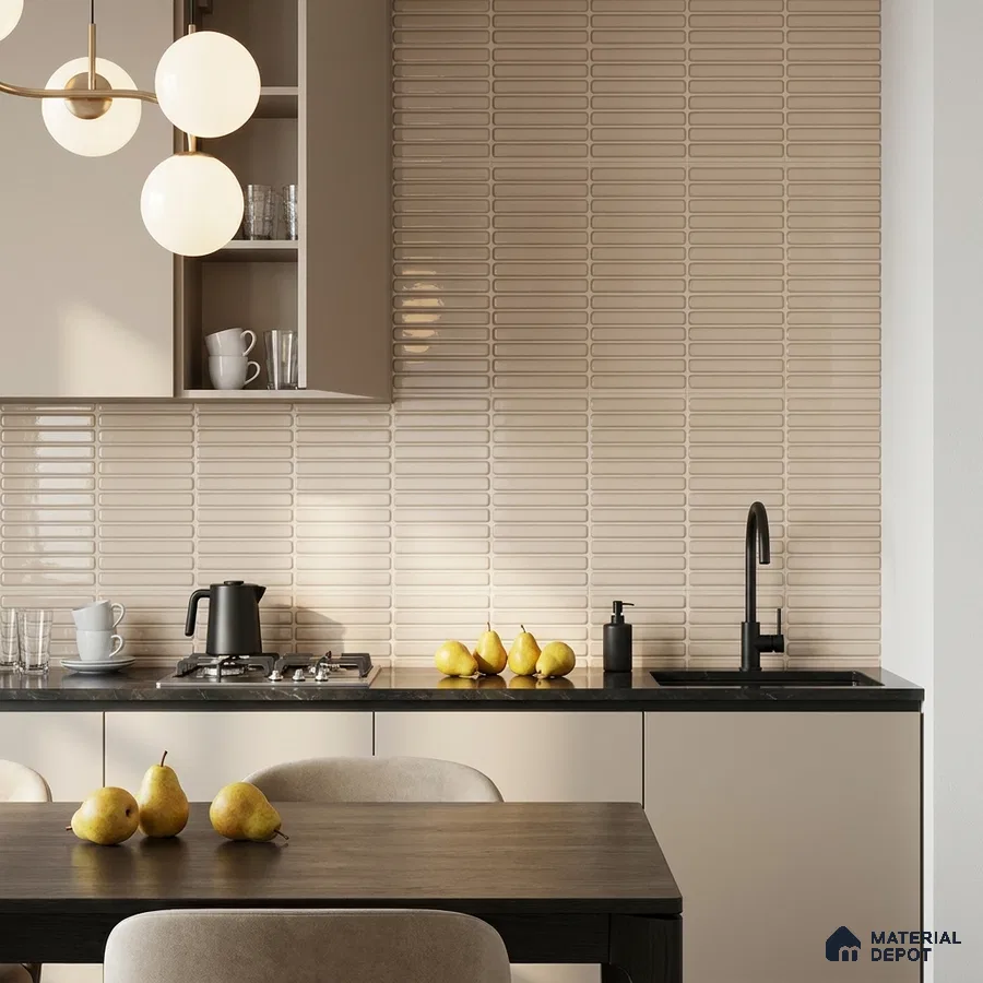 Modern Kitchen with Glossy Warm Beige Stacked Kitkat Backsplash Tile