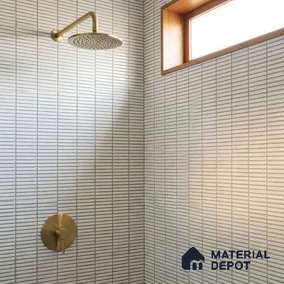 Japandi Bathroom with Glossy White Stacked Kitkat Shower Tile and Brass Fixtures