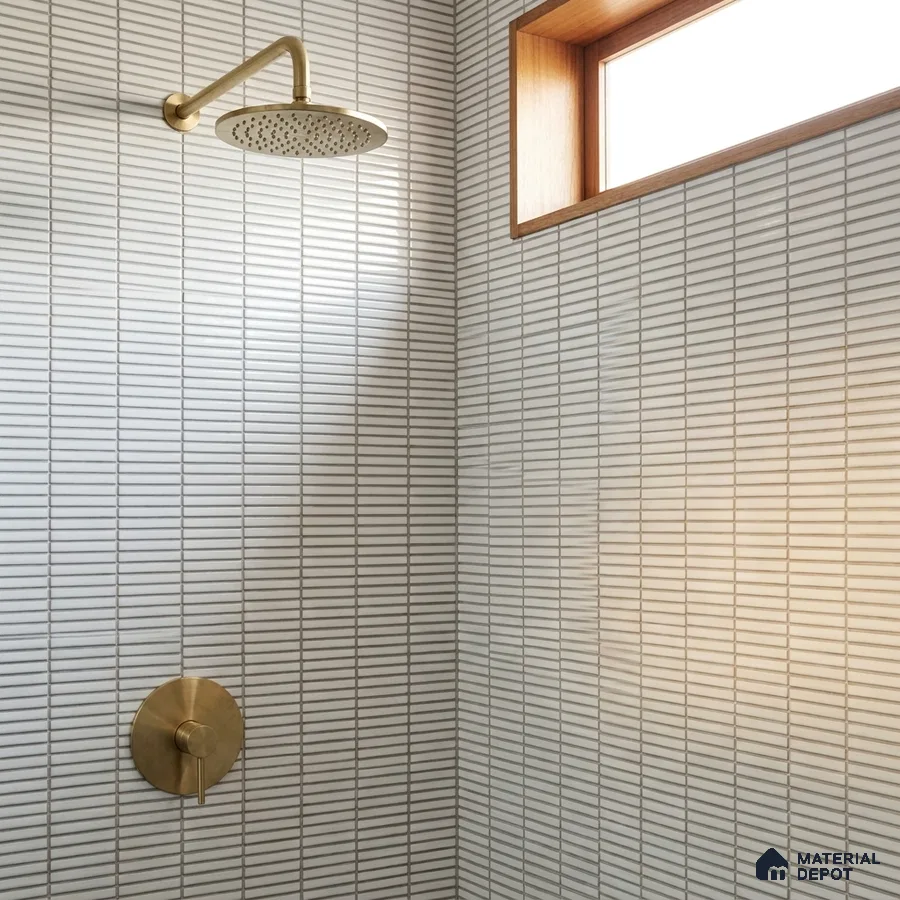 Japandi Bathroom with Glossy White Stacked Kitkat Shower Tile and Brass Fixtures