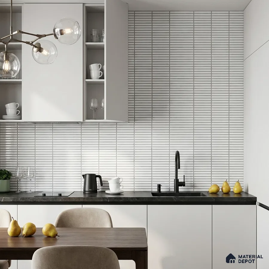 Scandinavian Kitchen with Glossy White Stacked Kitkat Backsplash Tile